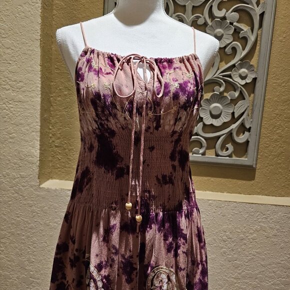 Fashion Terminal Tie-Dye Boho Spaghetti Strap Sundress W Embroidered Details S - Picture 9 of 11